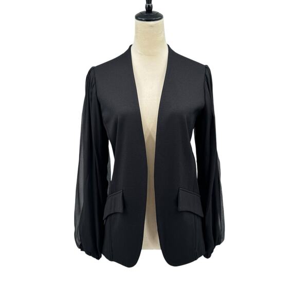 Lola & Sophie Black Ponte Knit Sheer Overlay Blouson Sleeve Open Blazer Jacket - Picture 1 of 14